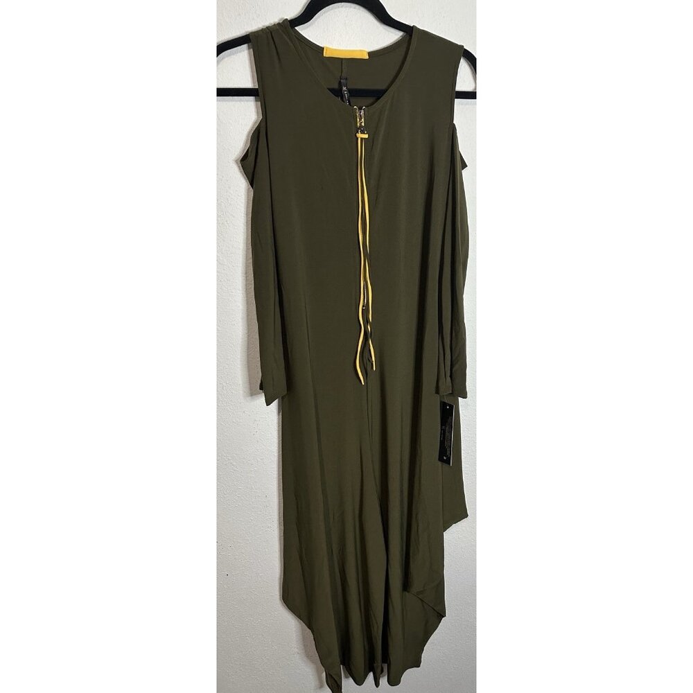 IC by Connie K Olive Peekaboo Sleeve Zip Front Asymmetrical Jumpsuit Size Medium